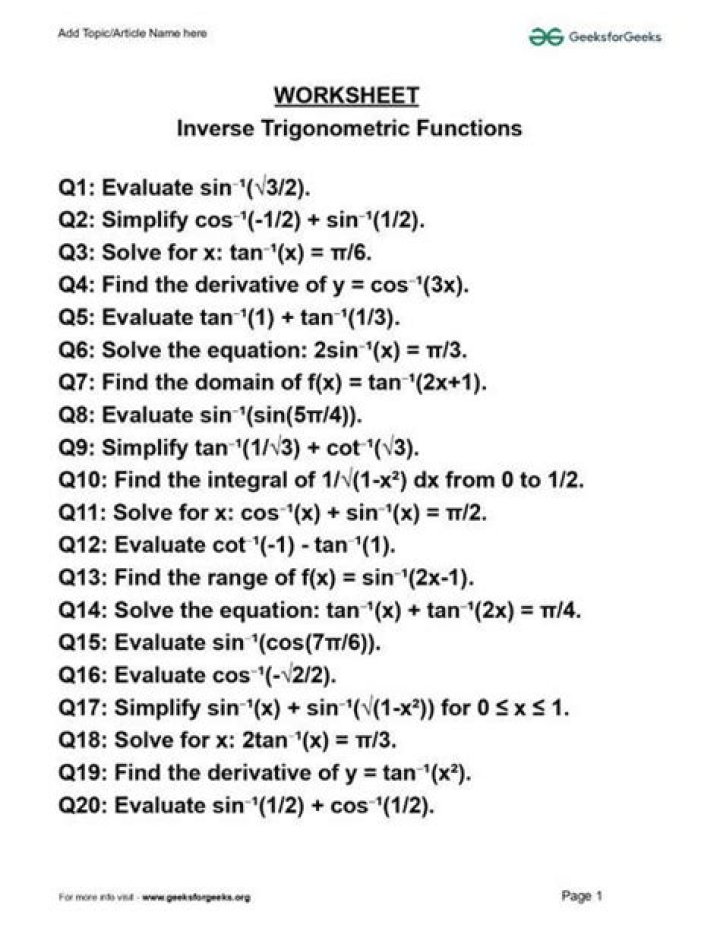 Integration of Inverse Trigonometric Functions Worksheet PDF – Practice & Solutions