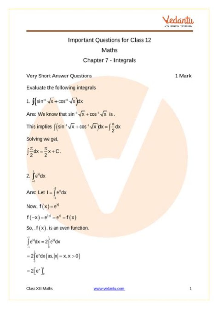 Class 12 Integration Questions PDF – Free Download