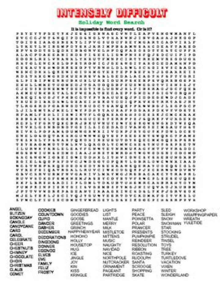 Intensely Difficult Holiday Word Search Answer Key PDF Download