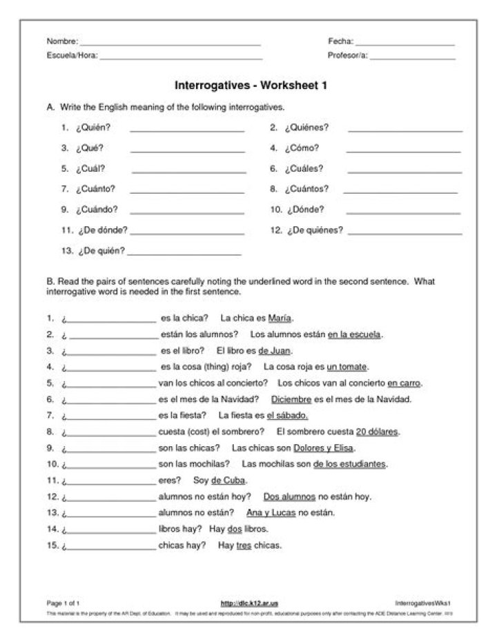 Interrogative Words in Spanish Worksheet PDF: Practice Exercises