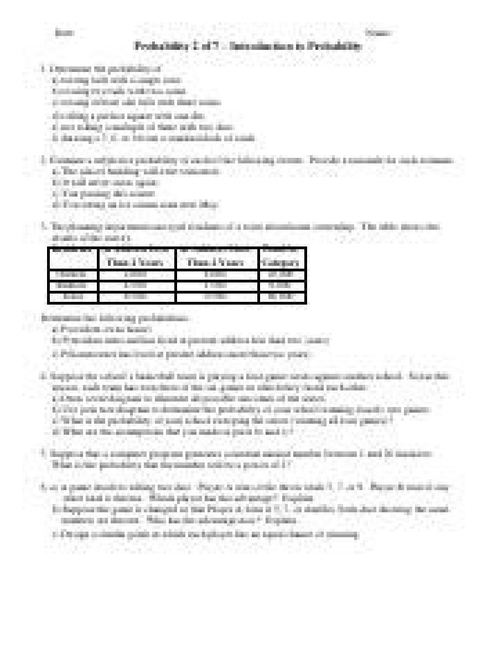 Introduction to Probability Worksheet PDF for Practice