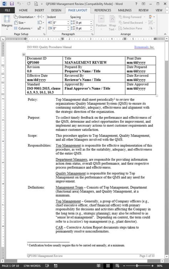 ISO 9001:2015 Management Review Example PDF for Compliance Success