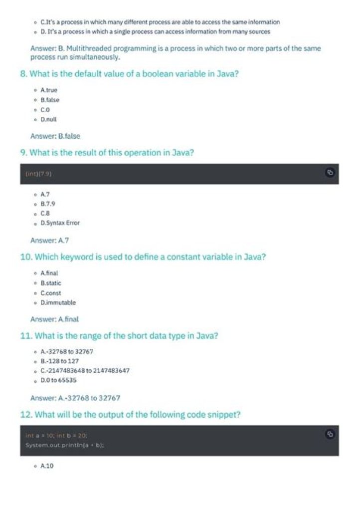 Java MCQ Questions and Answers PDF for Exam Prep