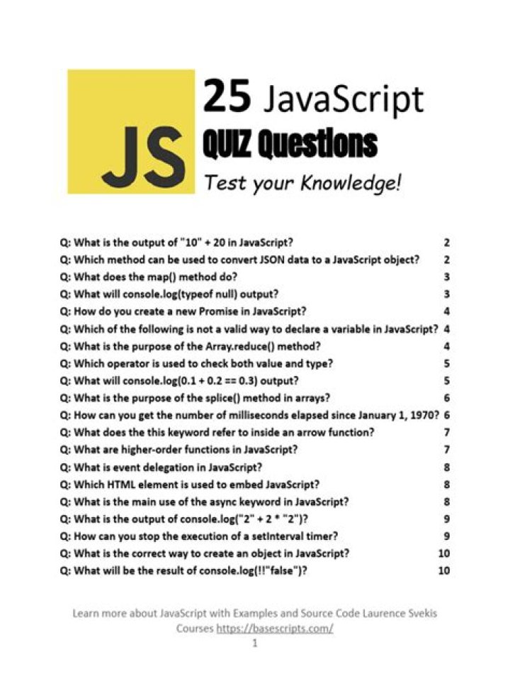 Free JavaScript Quiz Questions & Answers PDF for Practice