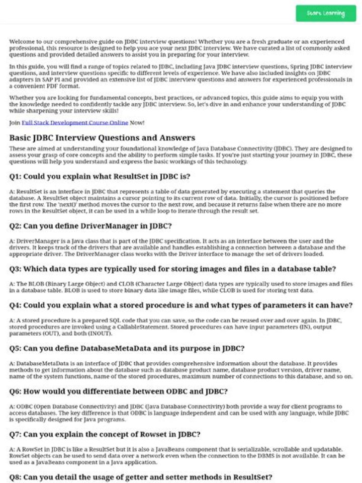 Top 50 JDBC Interview Questions PDF for Java Developers