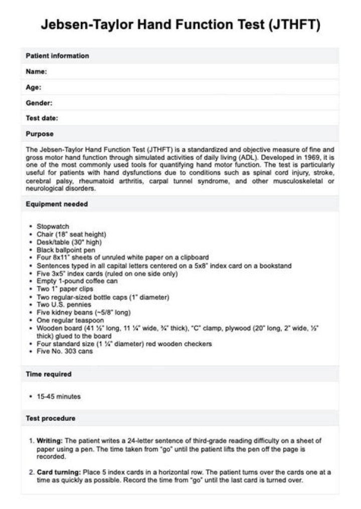 Jebsen Taylor Hand Function Test PDF: Essential Assessment for Hand Performance