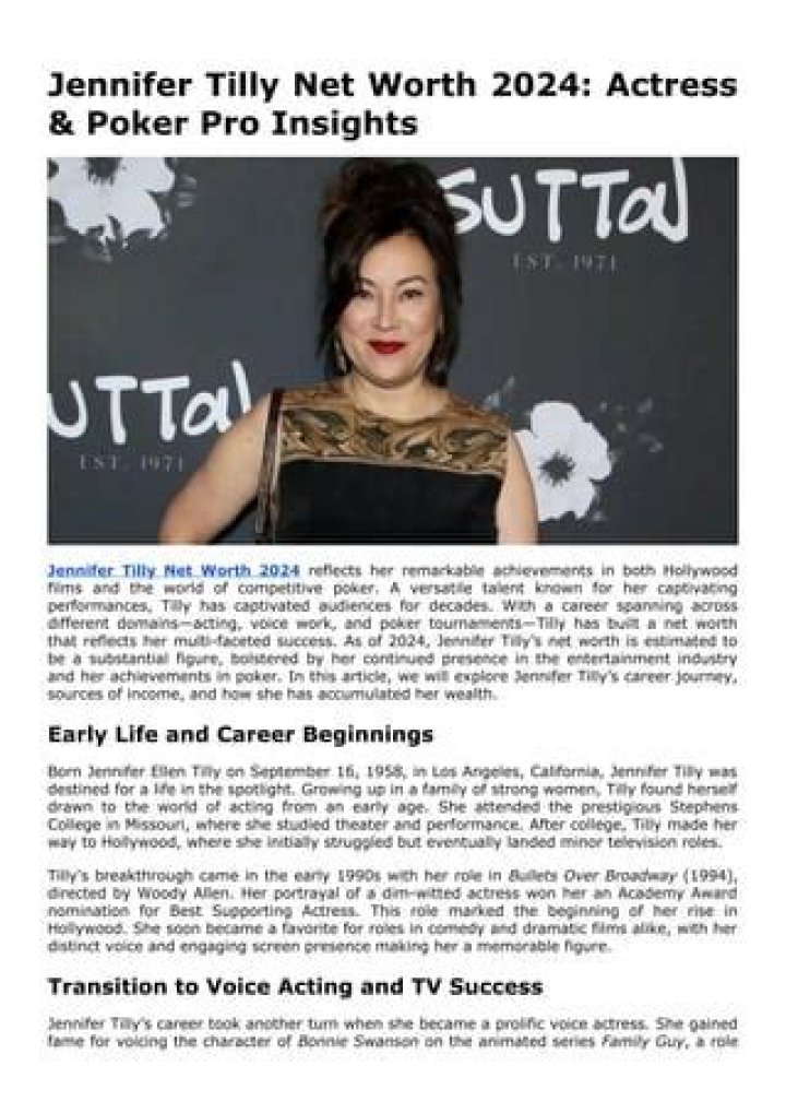 Jennifer Tilly Net Worth 2024 Salary, Age, Husbnad and Cars