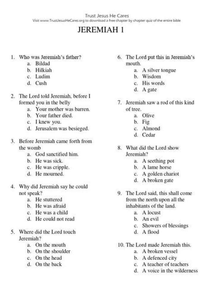 Jeremiah Bible Quiz Questions & Answers PDF: Test Your Knowledge