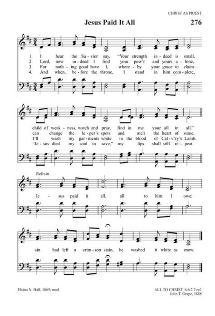 Jesus Paid It All Hymn Sheet Music PDF Download
