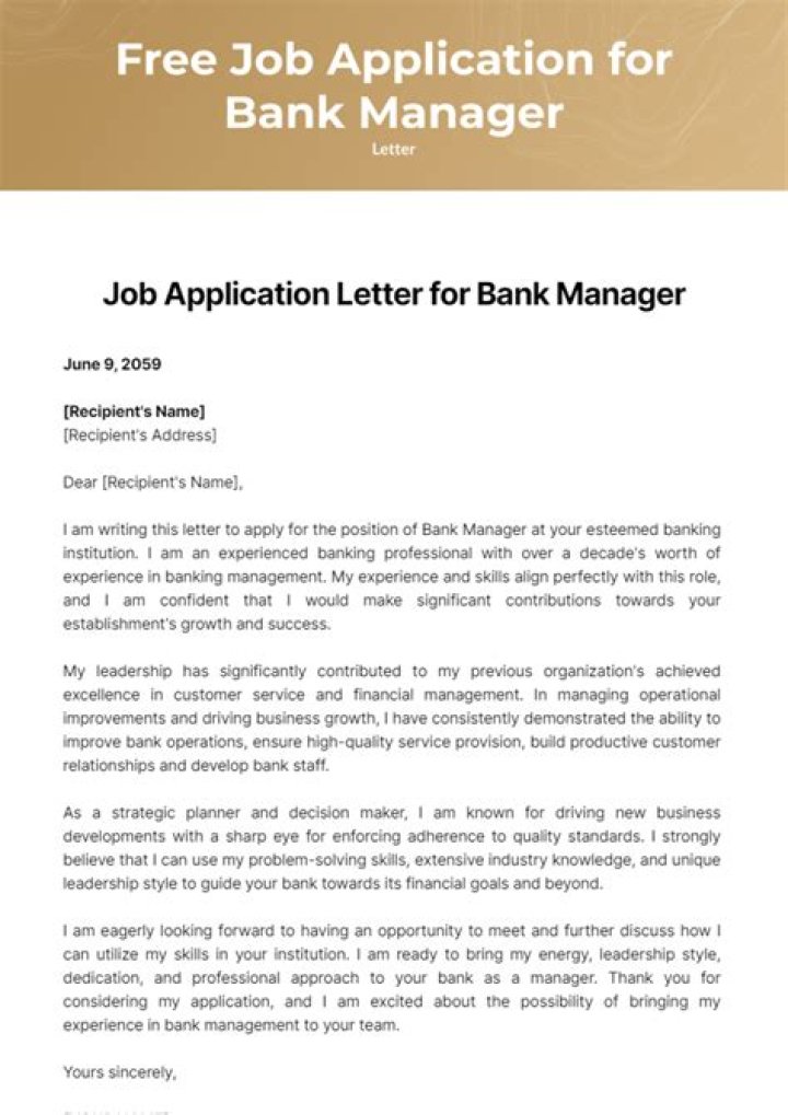 Professional Job Application Letter for Bank Manager PDF Download