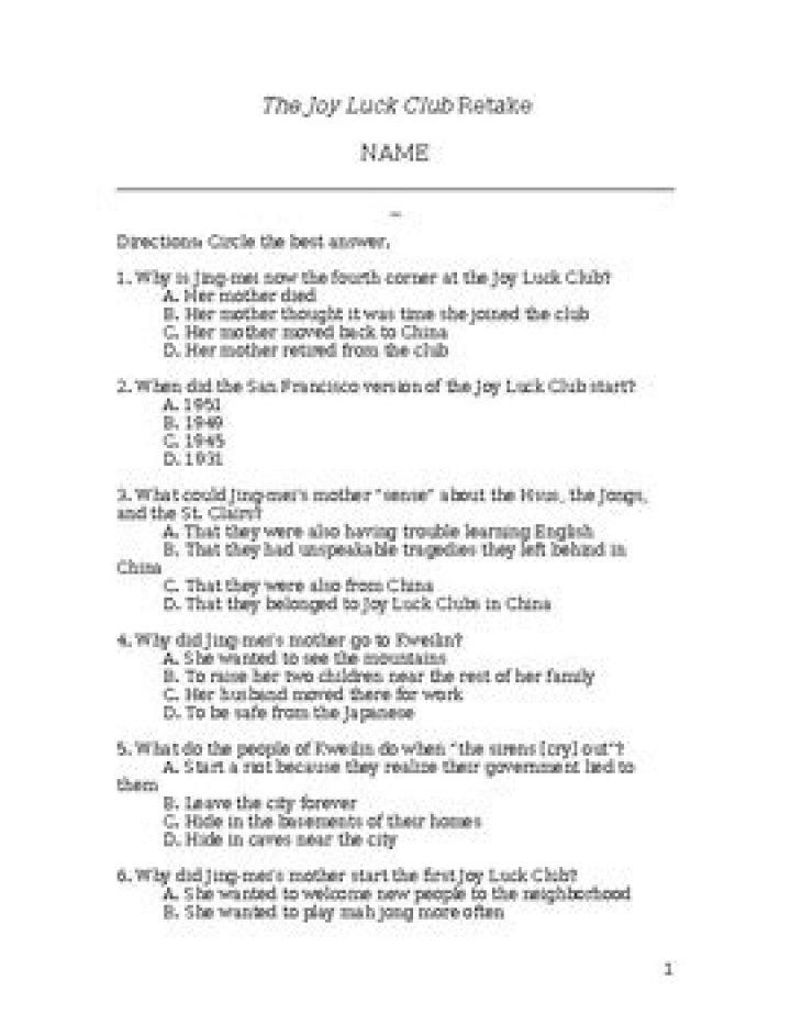 Joy Luck Club Test PDF: Official Study Guide & Analysis