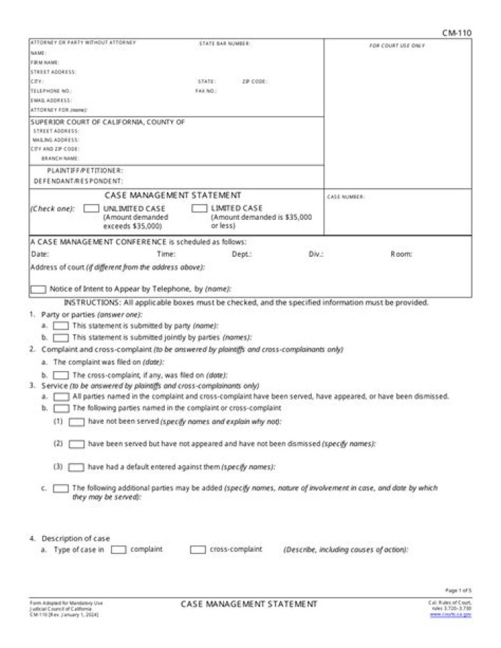 Judicial Council Form CM-110 Case Management Statement PDF for Efficient Case Handling