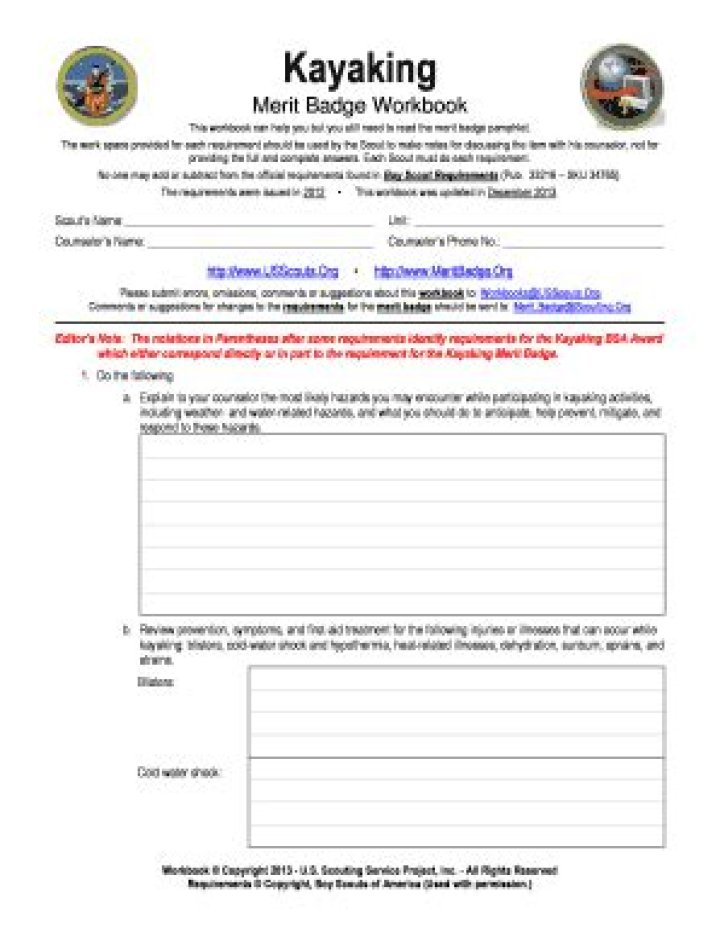 Kayaking Merit Badge Worksheet PDF – Ready-to-Print Study Guide