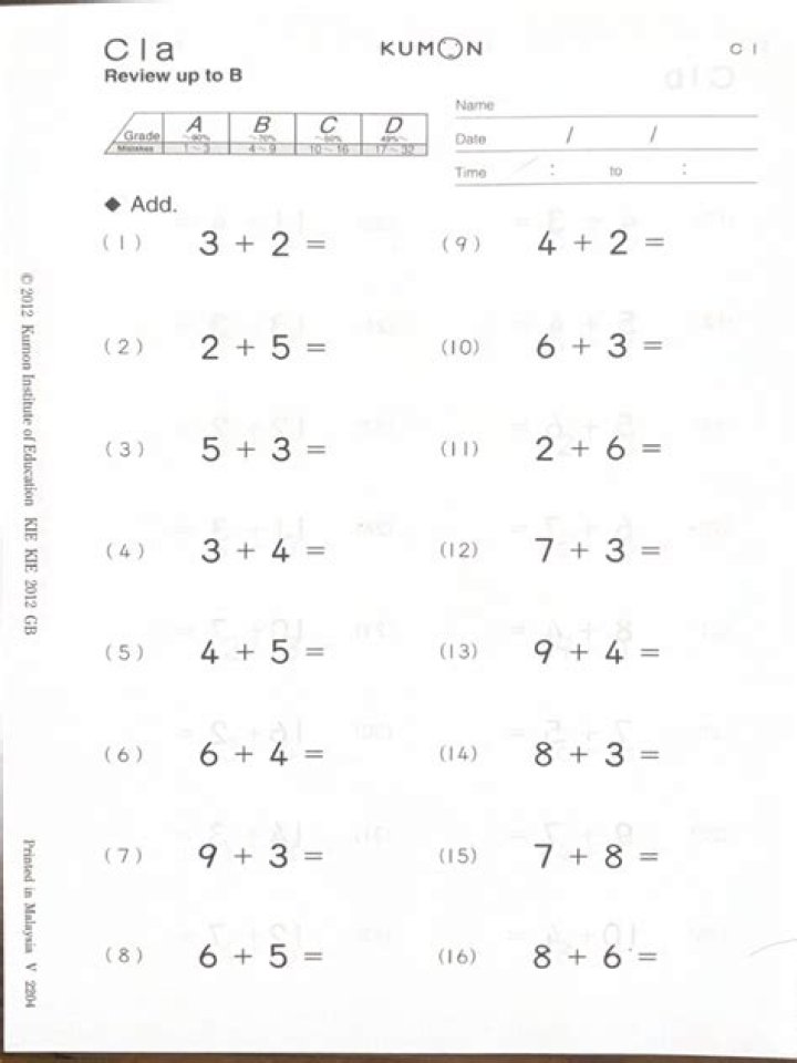Free Kumon Worksheets PDF – Download Instant Math Practice