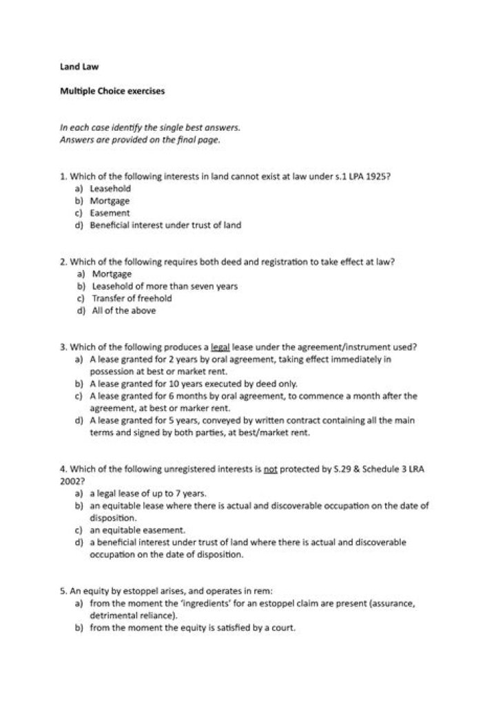 Land Law MCQ Questions and Answers PDF – Expert Study Guide