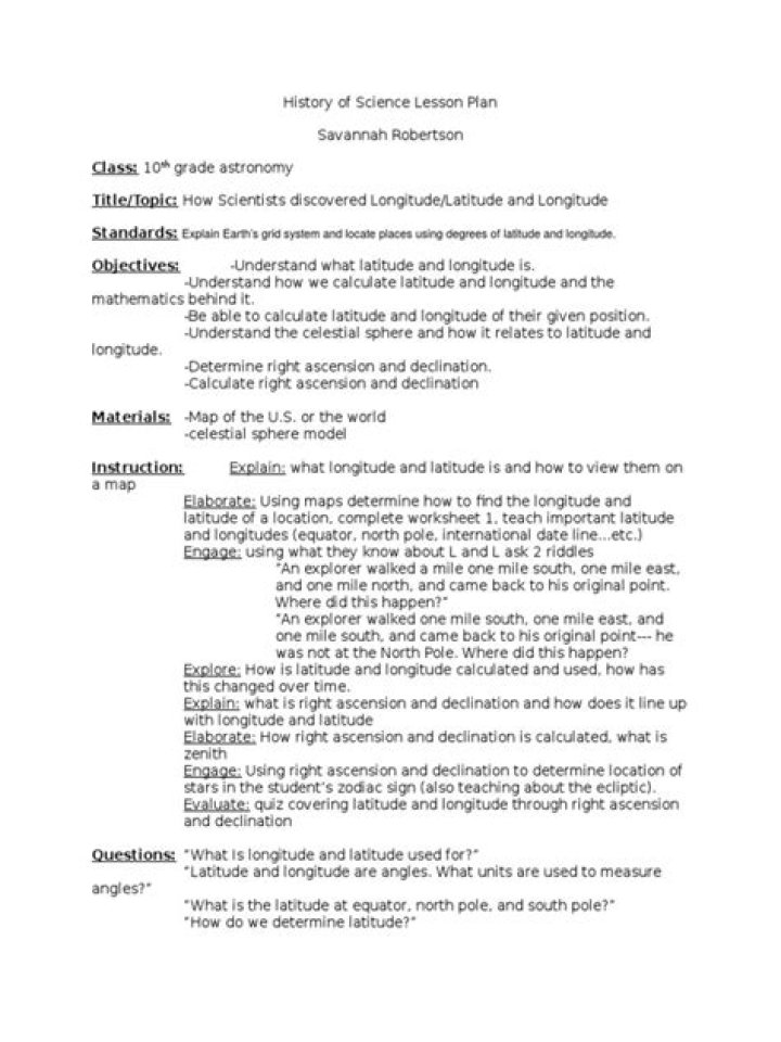 Latitude and Longitude Lesson Plan PDF for Teachers