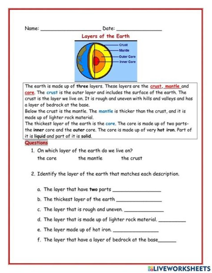 Layers of the Earth Activity Worksheet PDF for Students