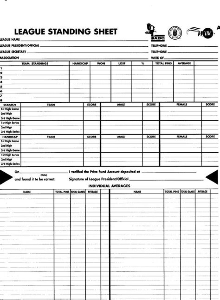 League Secretary Standing Sheets PDF – Download Official Match Records