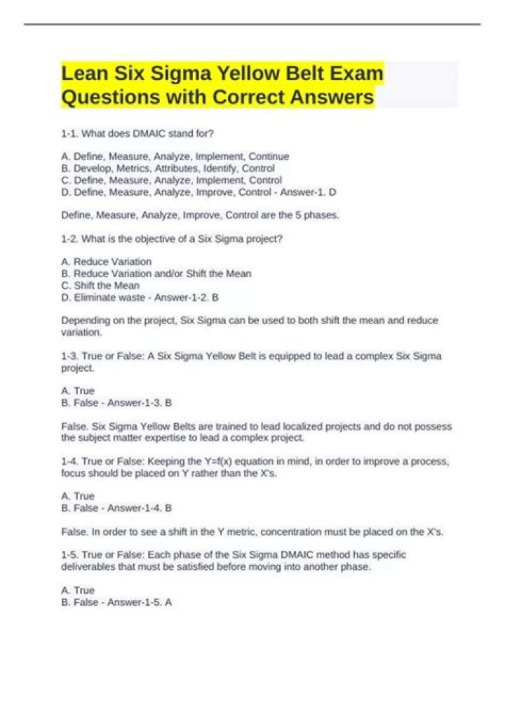 Lean Six Sigma White Belt Exam Questions and Answers PDF – Study Guide