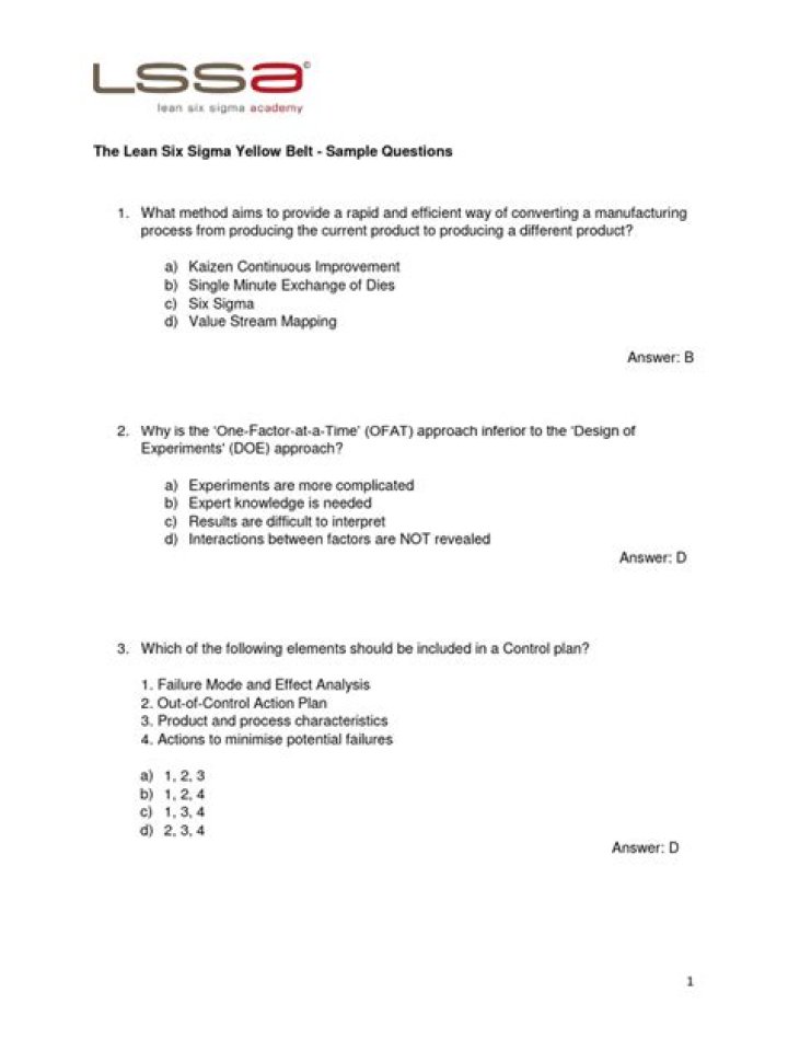 Lean Six Sigma Yellow Belt Exam Questions PDF: Free Practice Test