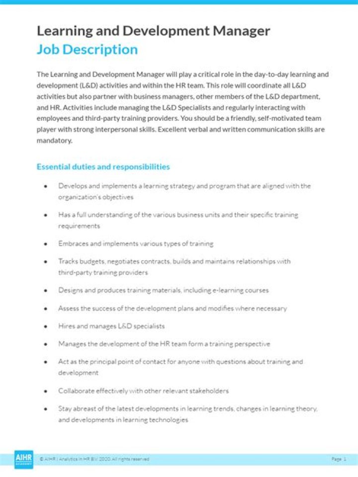 Learning and Development Manager Job Description PDF – Full Guide