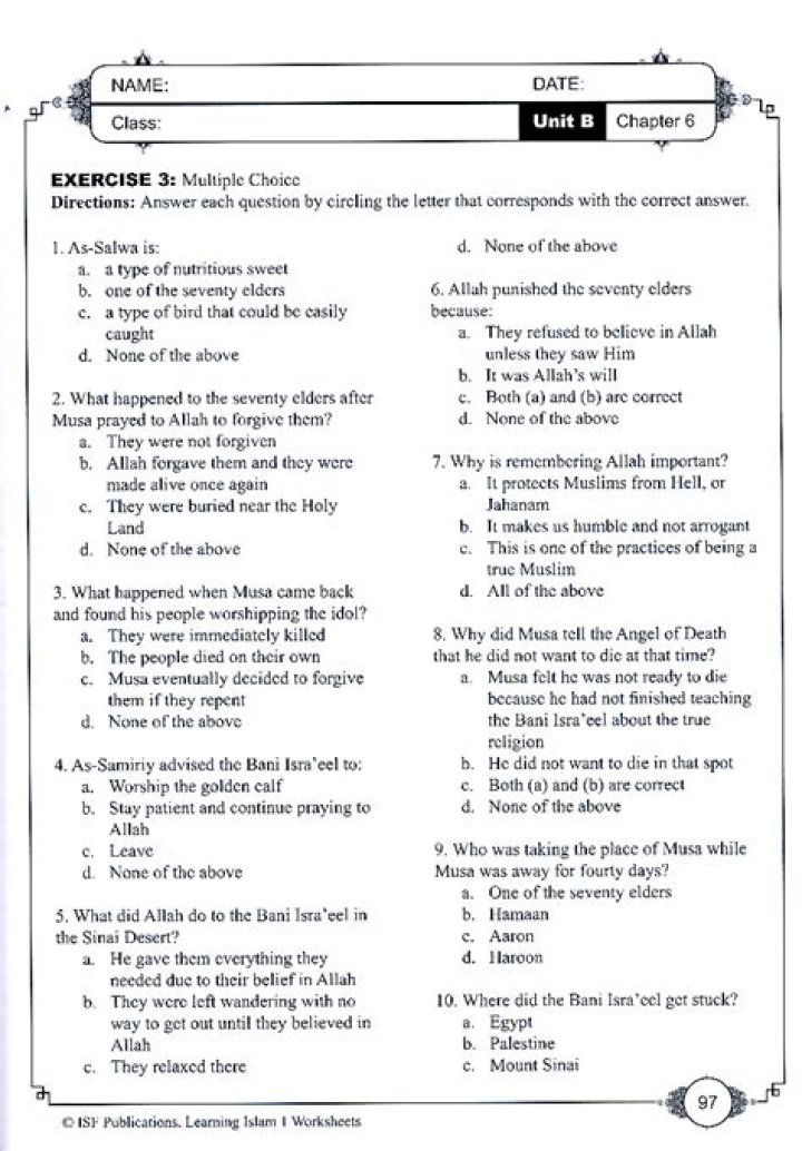 Learning Islam Level 1 Worksheets Answers PDF – Free Download