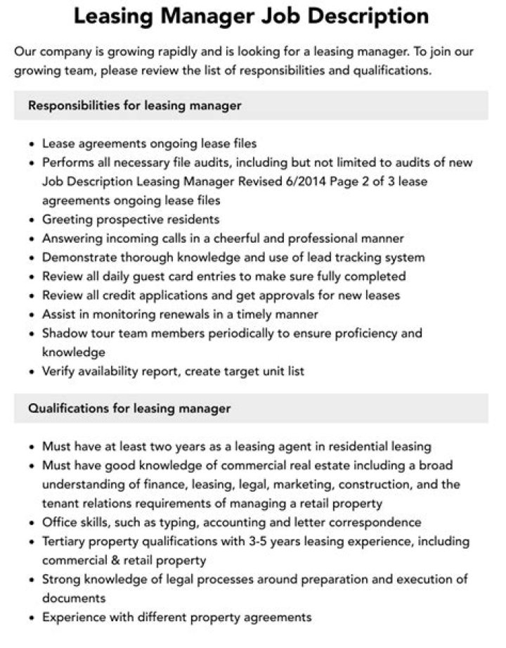 Leasing Manager Job Description PDF – Full Guide & Requirements