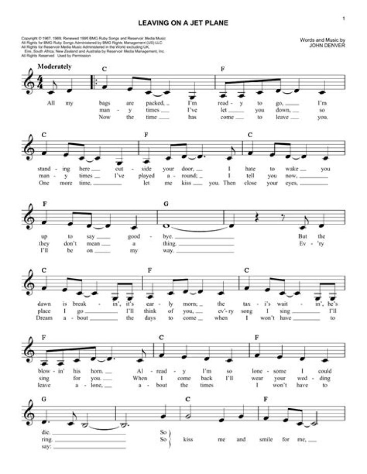 Leaving on a Jet Plane Sheet Music PDF for Piano & Guitar