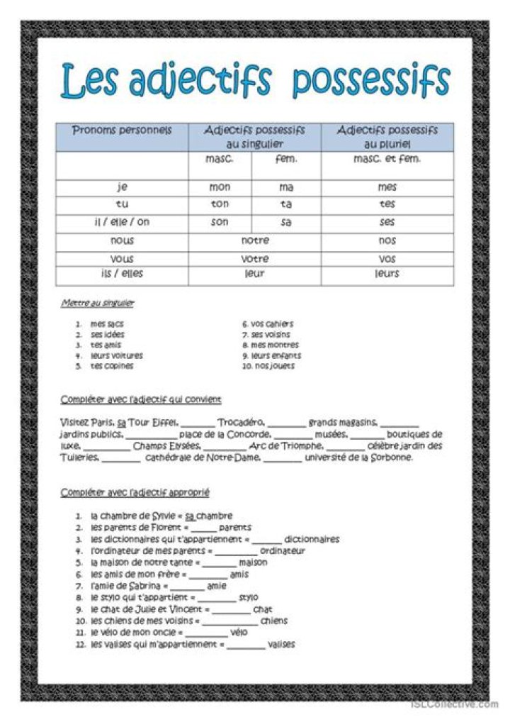 Les Adjectifs Possessifs Worksheet PDF – Grammatical Practice for French Learners