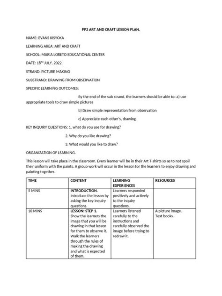 Download Free Lesson Plan for Art and Craft Class PDF