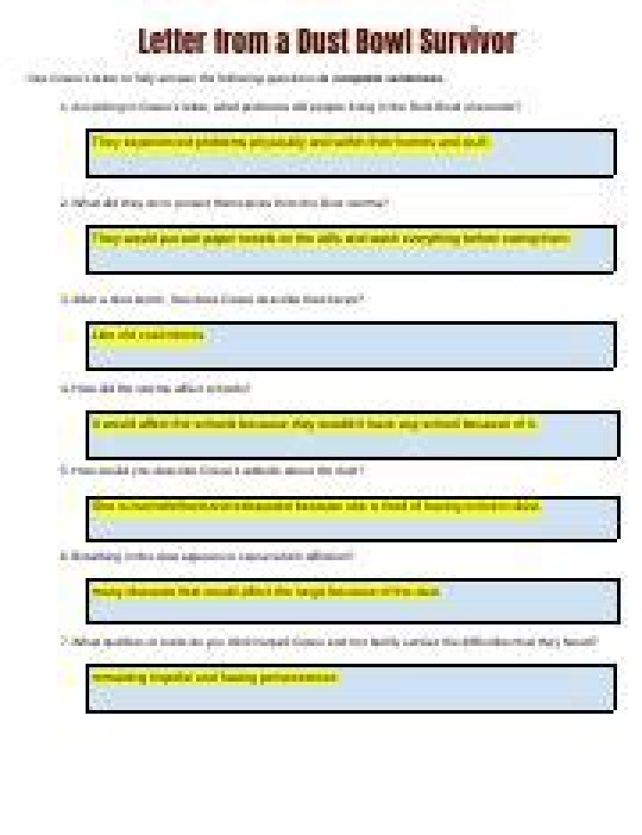 Dust Bowl Survivor Letter Answer Key PDF Answer Guide