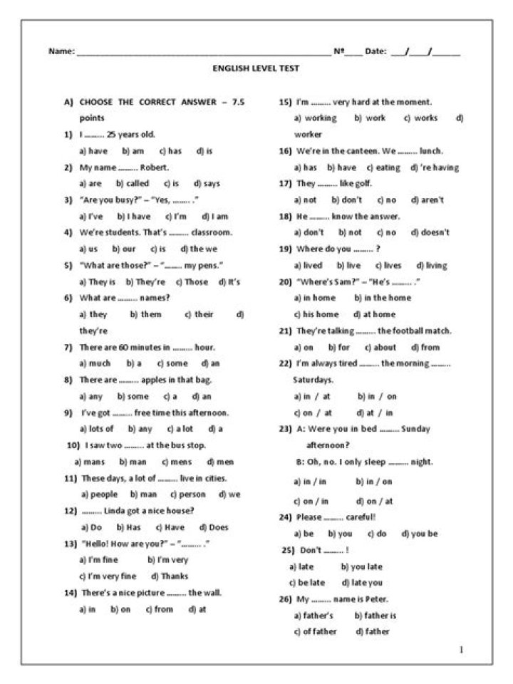 Level Test for ESL Students PDF – Free Practice Test