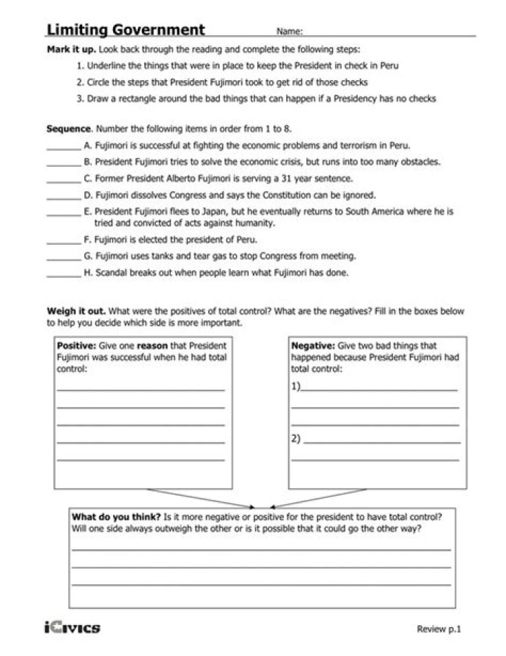 Free Limiting Government ICIVICS Worksheet Answer Key PDF with Answers