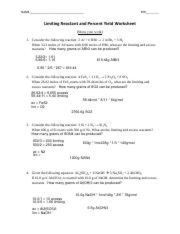 Limiting Reactant and Percent Yield Worksheet PDF for Chemistry Students