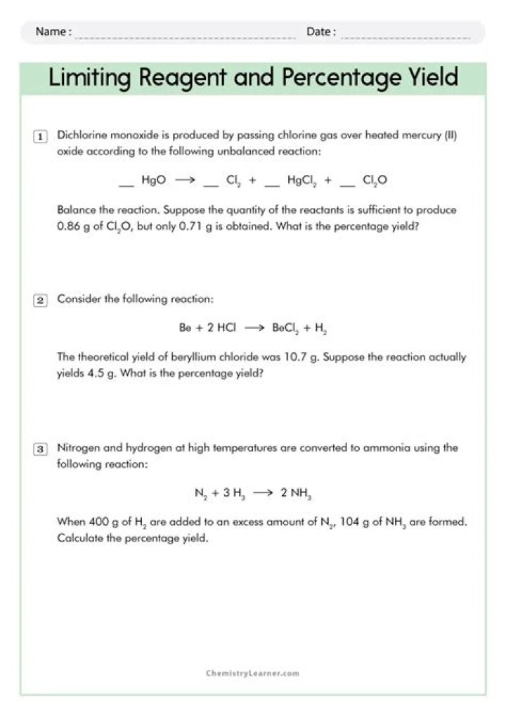 Limiting Reactant & Percent Yield Worksheet with Answers PDF