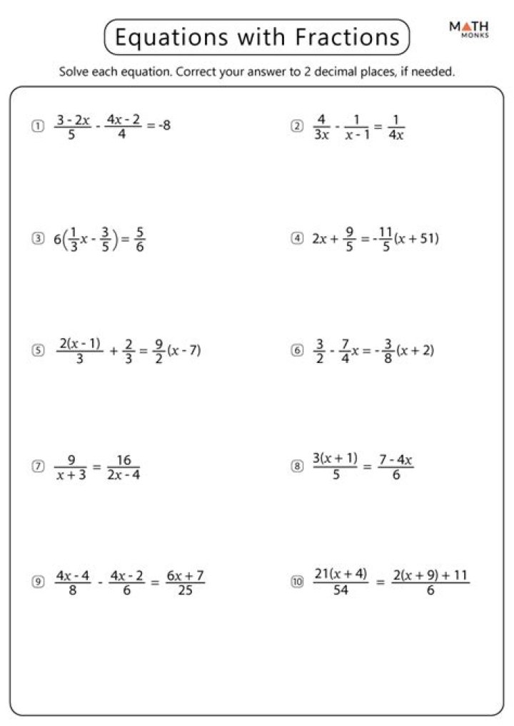 Linear Equations with Fractions Worksheet PDF – Easy Practice Problems
