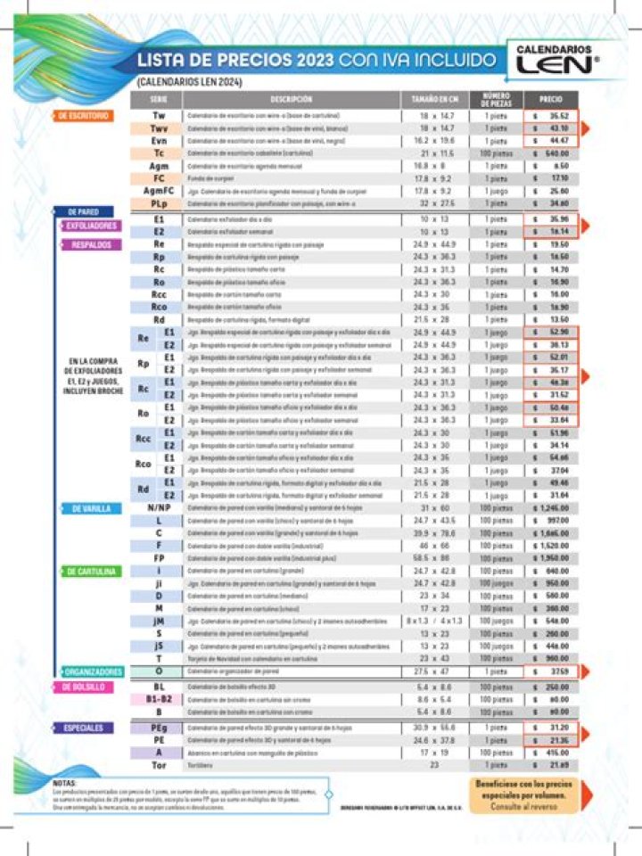 Lista de Precios Calendarios Len 2024 PDF - Descargas Gratis