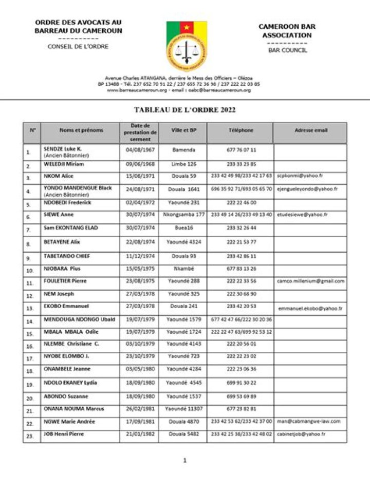 Liste des avocats au barreau du Cameroun PDF : Accès complet