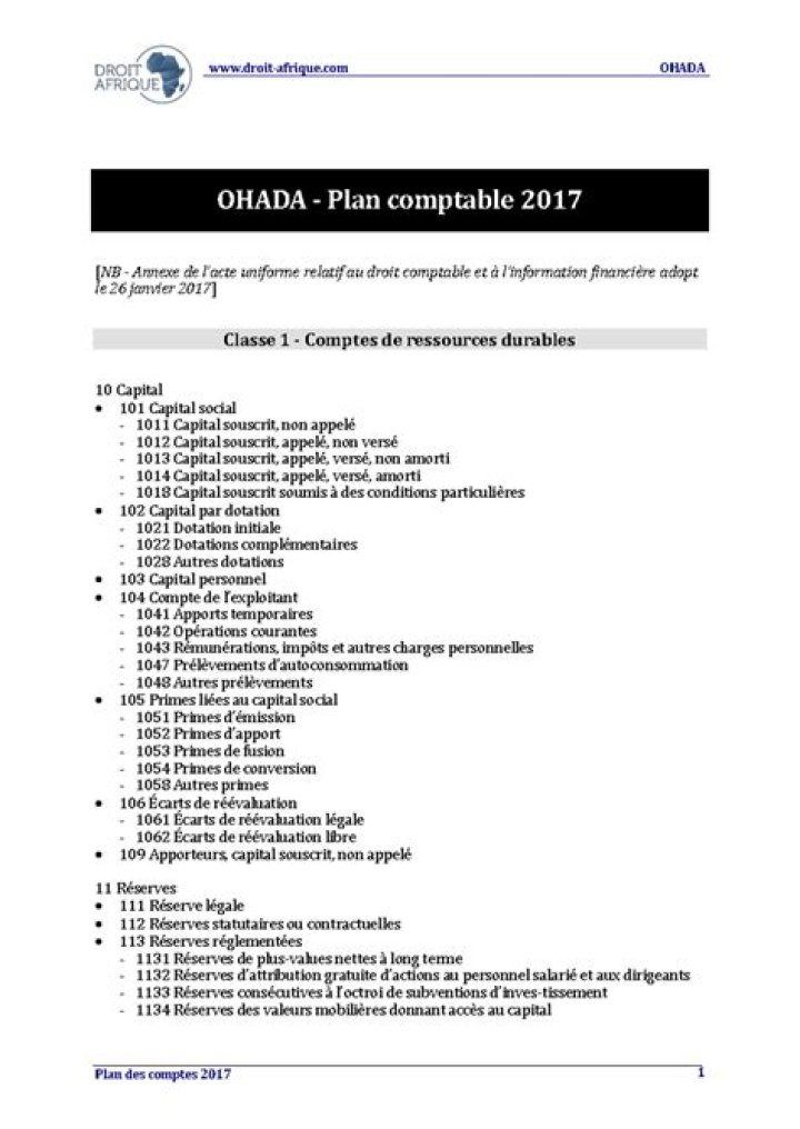 Liste des comptes Ohada révisée 2024 - PDF officiel