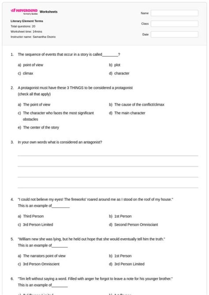 Literary Elements Test PDF: Analyze Key Elements with Practice Questions