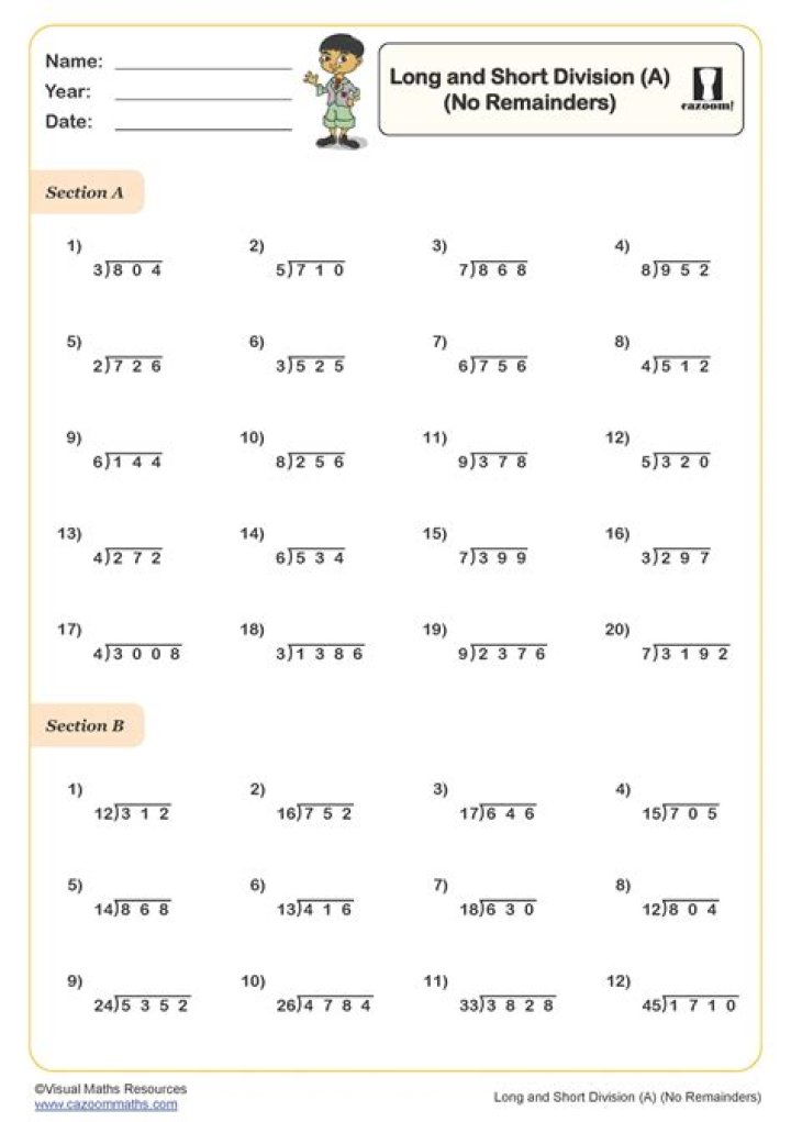 Free Long Division Worksheets with No Remainders in PDF Format