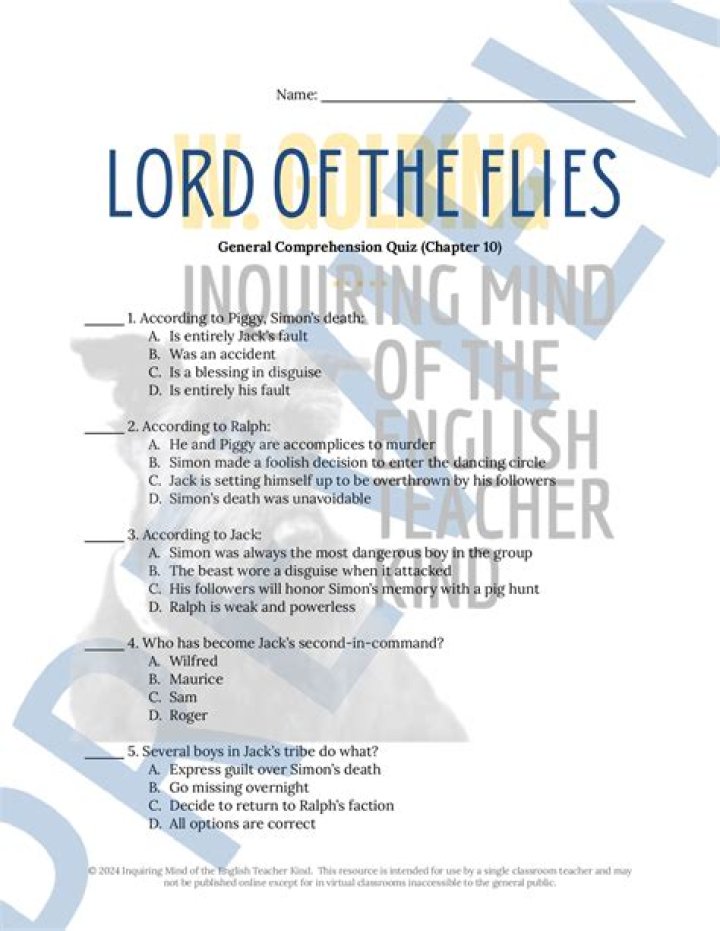 Lord of the Flies Chapter 10: Questions & Answers PDF Study Guide