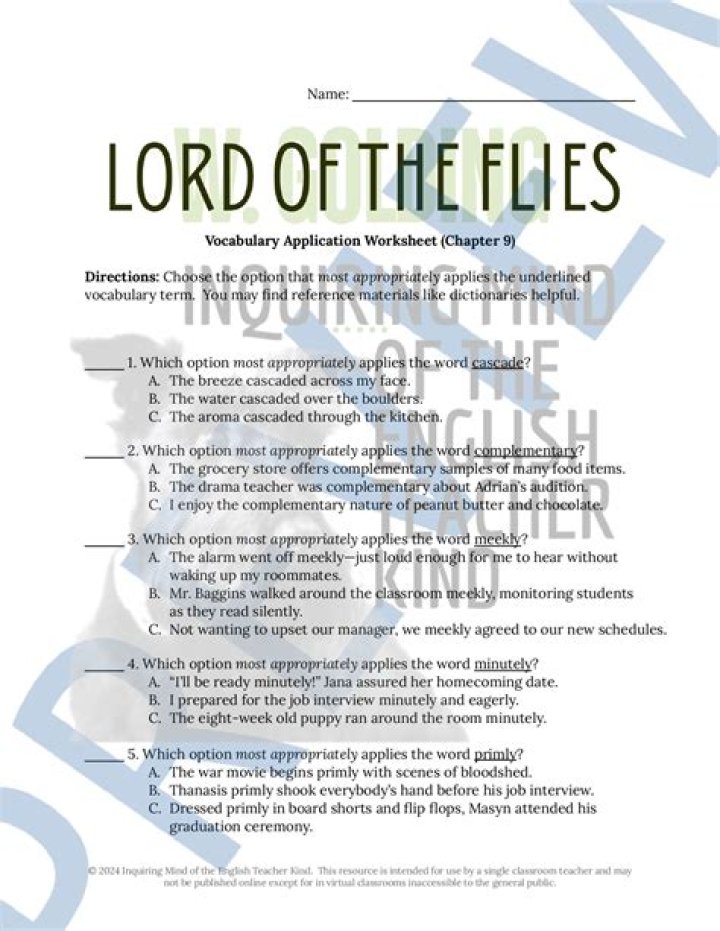 Lord of the Flies Chapter 11 Questions PDF for Study & Analysis