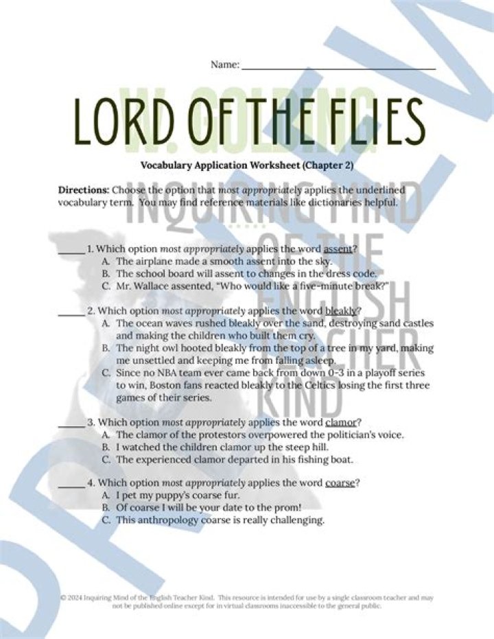 LORD OF THE FLIES Chapter 2: Questions & Answers PDF for Quick Study