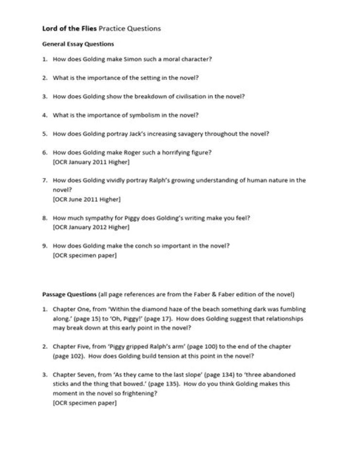 LORD OF THE FLIES Essay Questions PDF for Deep Analysis