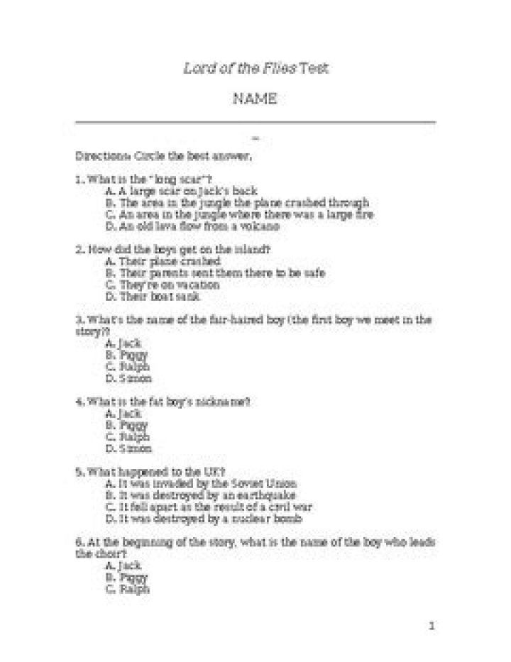 LORD OF THE FLIES Multiple Choice Test PDF – Free Quiz