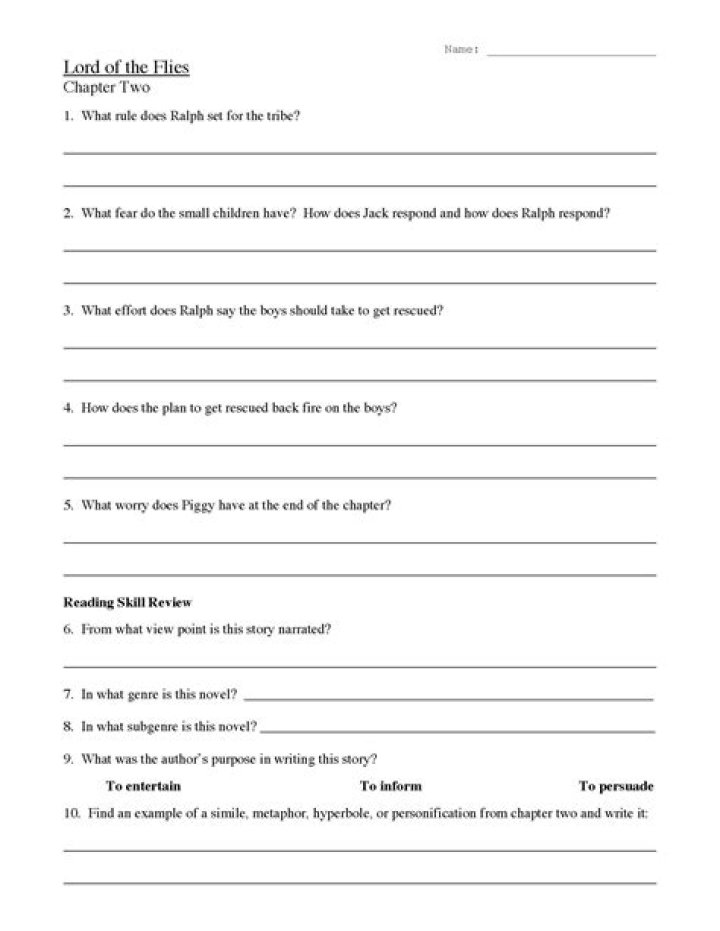 Free Lord of the Flies Worksheets PDF for Classroom Use