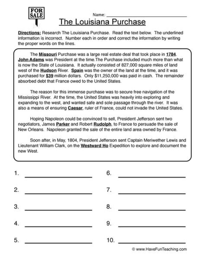 Free Louisiana Purchase Worksheet for 8th Grade – Download PDF