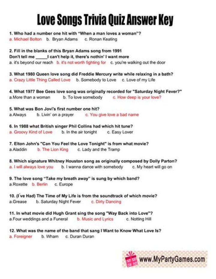 Love Song Trivia Questions & Answers PDF
