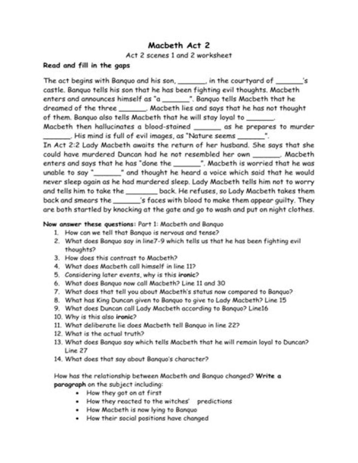Macbeth Act 2 Worksheet PDF – Free Study Guide